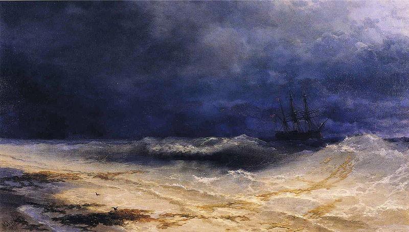 Ship in a Stormy Sea off the Coast, Ivan Aivazovsky